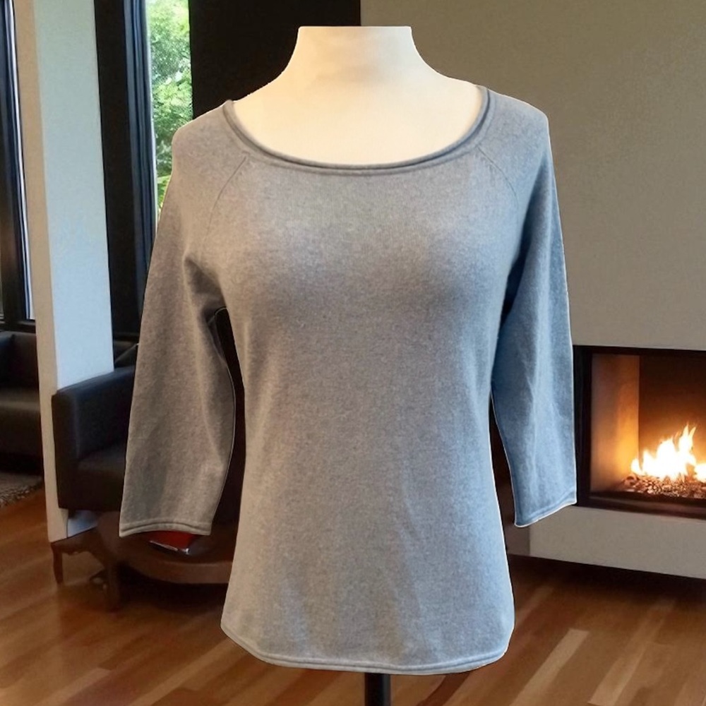 JOIE BLUE CASHMERE SCOOP 3/4 SLEEVE BASIC SWEATER SIZE LARGE